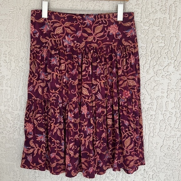 Chaps Burgundy Floral Print 100% Cotton Stretch Full Tiered Midi Skirt - Picture 2 of 8